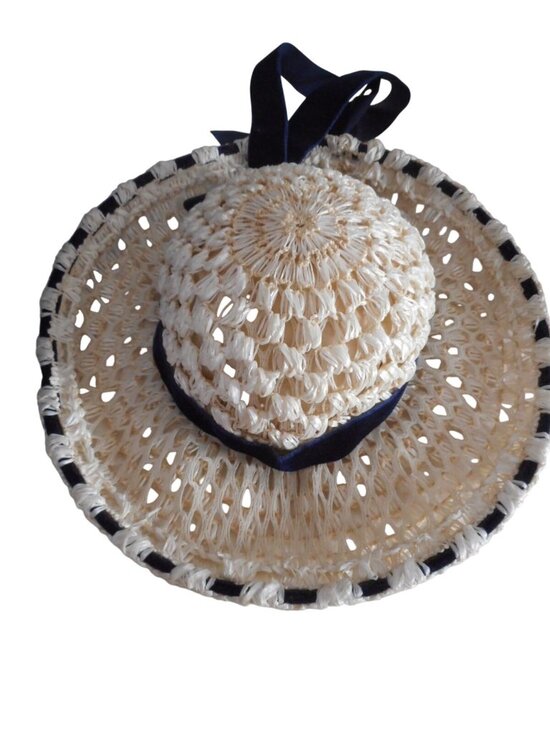 Vintage Accessories - Vintage Estate cream woven raffia straw wide brim hat navy velvet ribbon trim